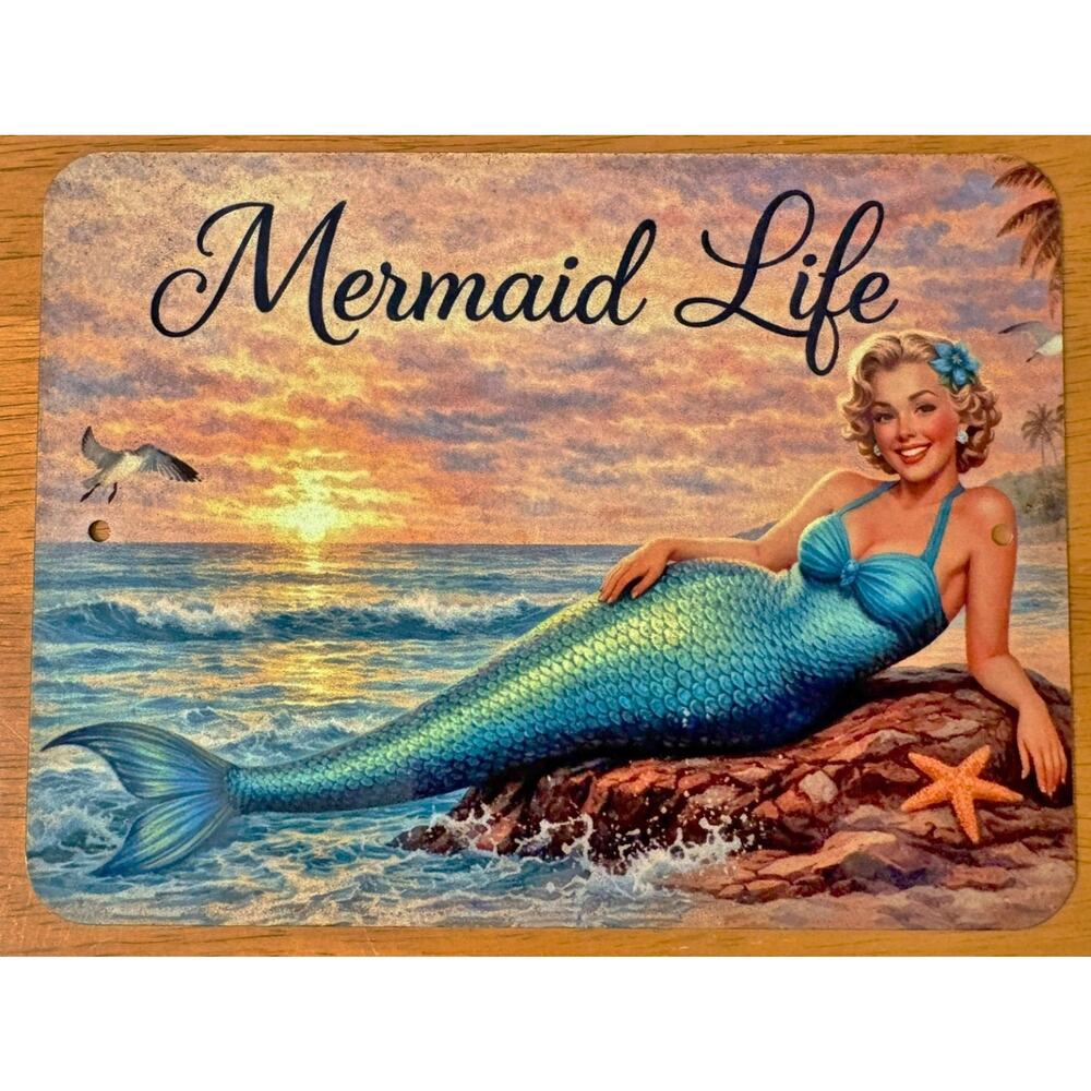 Pin Up Girl Mermaid Mini Sign Vintage Retro Tiki Beach Bar Nautical Home Decor